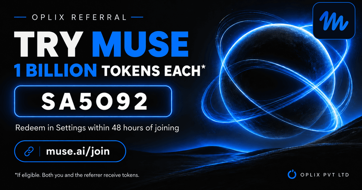 Oplix Muse referral banner showing code SA5O92, the stated one-billion-token-each offer and 48-hour redemption window