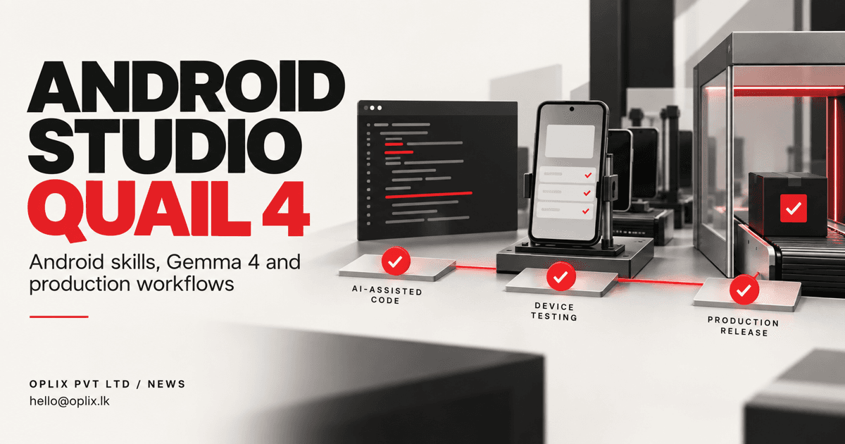 Oplix illustration of an Android development workspace with modular AI-assisted tools