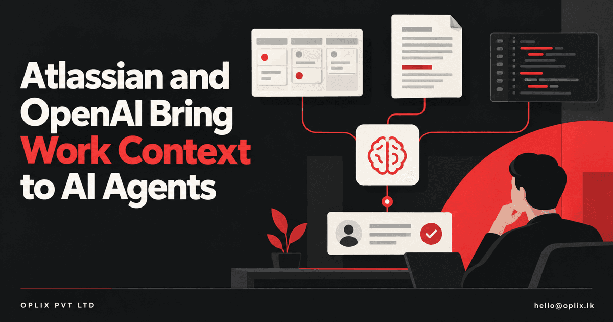 Oplix illustration connecting project boards, documents, and code to an AI workflow with a human review step, titled Atlassian and OpenAI Bring Work Context to AI Agents