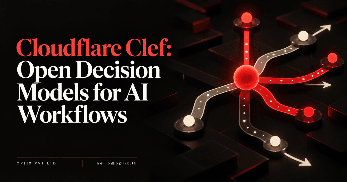 Oplix illustration of red and off-white branching decision paths beside the Cloudflare Clef article title, company name and email
