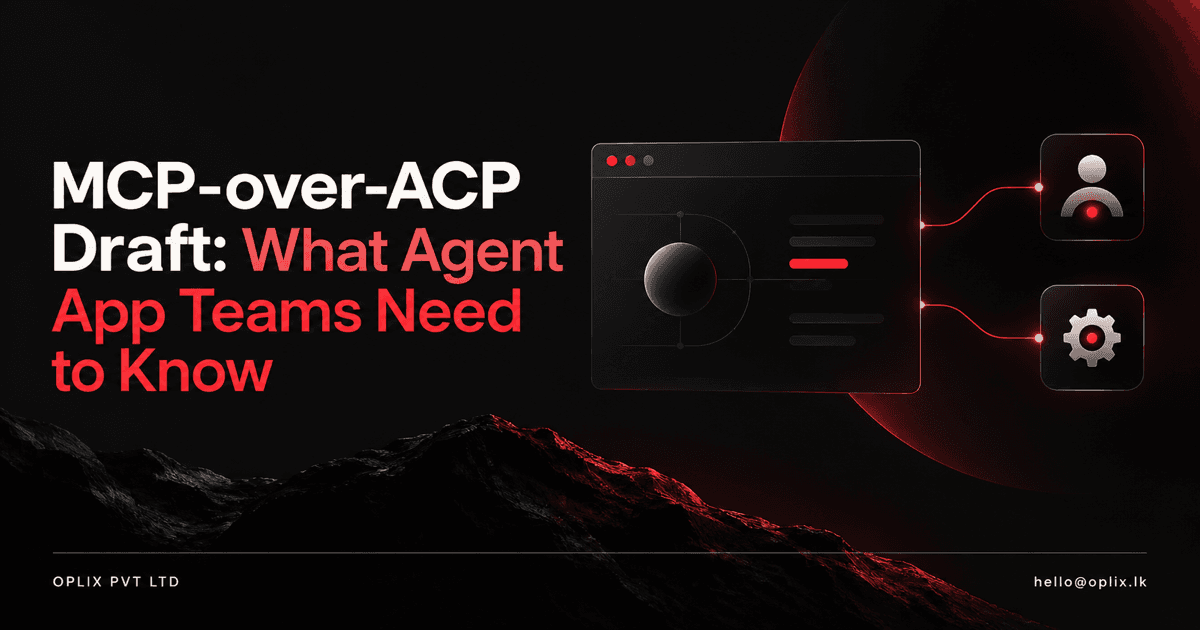 Oplix graphic showing an app window connected to an agent and tool, illustrating the proposed MCP-over-ACP architecture