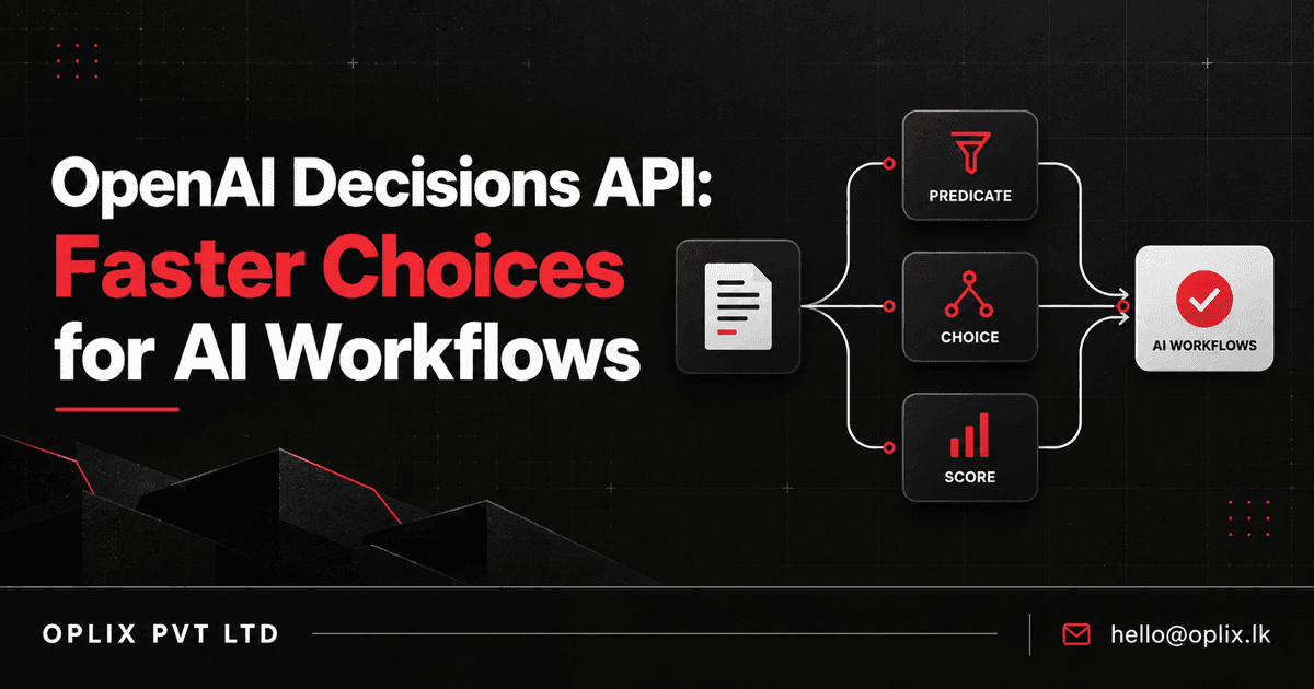 Oplix graphic showing text and image input branching into predicate, choice and score decisions before an AI workflow action